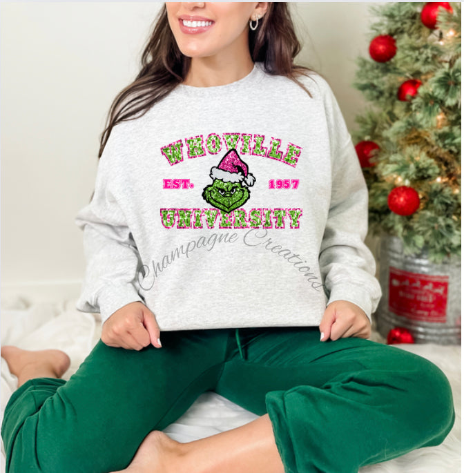 Whoville university faux glitter dtf